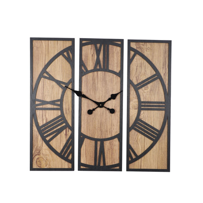 wc4 Brown Three-Piece Wooden Wall Clock with Roman Numerals