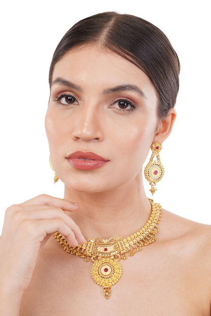 01 Elegant 1Gm Gold Necklace and Earring Set with Ruby Accents