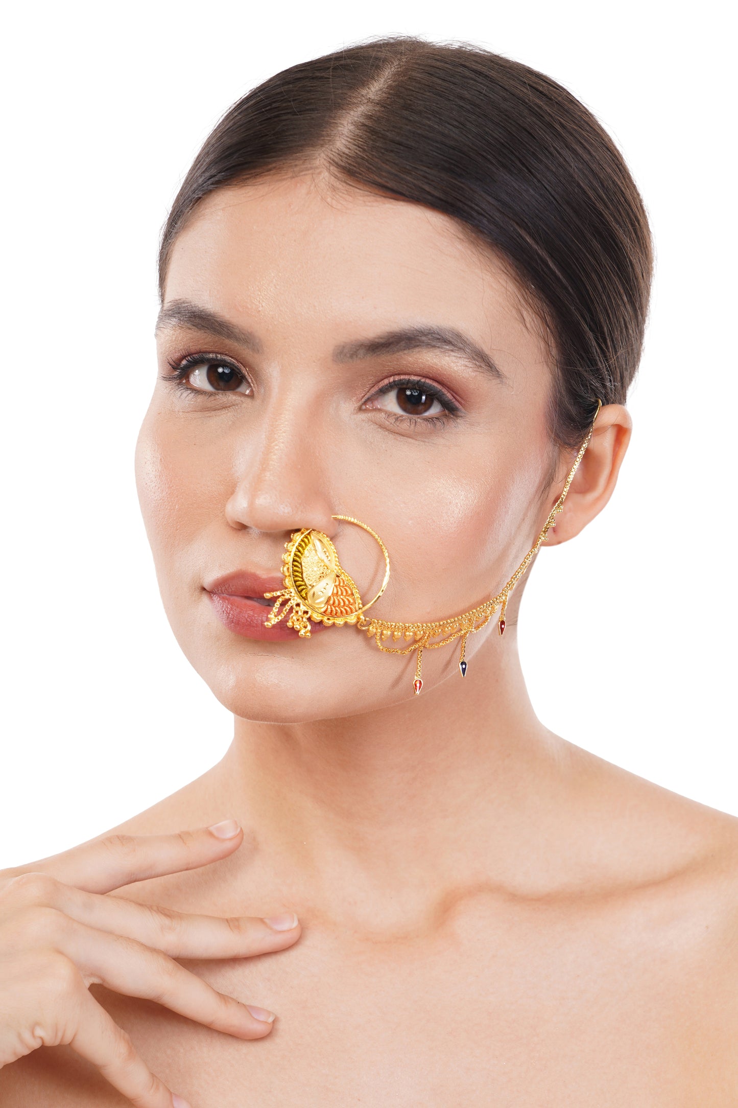 020 1Gm Gold Nose Ring with Long Chain