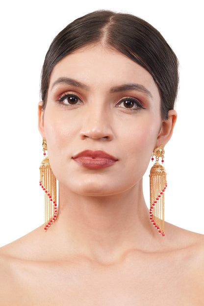 031 Red Beaded 1Gm Gold Jhumka Earrings Set