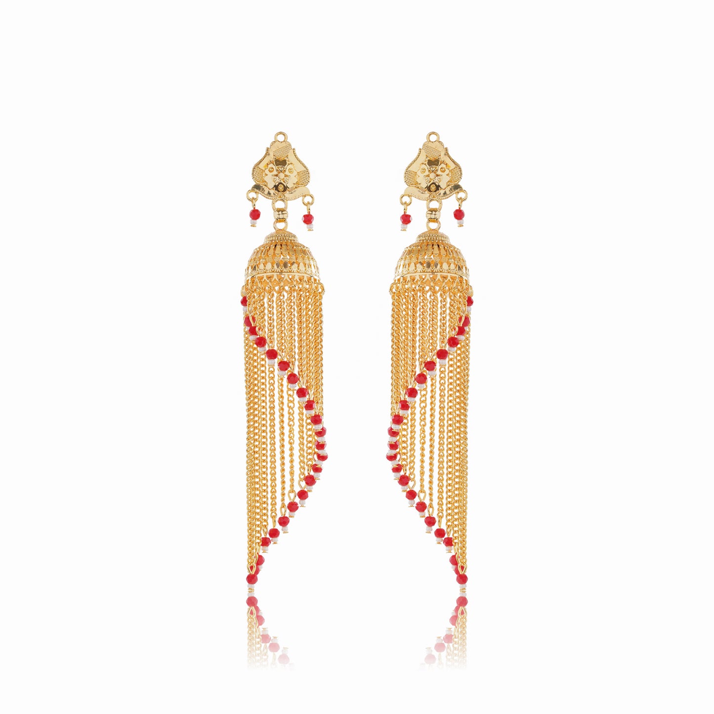 031 Red Beaded 1Gm Gold Jhumka Earrings Set