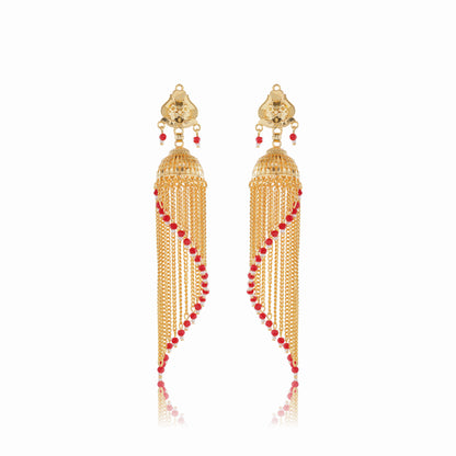 031 Red Beaded 1Gm Gold Jhumka Earrings Set