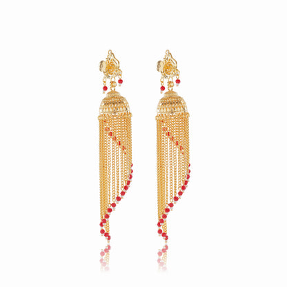 031 Red Beaded 1Gm Gold Jhumka Earrings Set