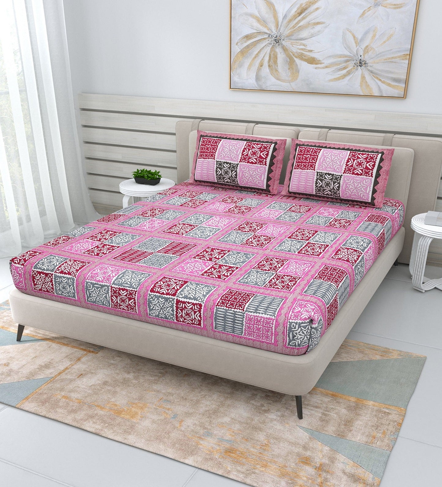 pp641 100% Cotton Bedsheet for Double Bed Queen Size with Pillow Cover Set, 220 TC