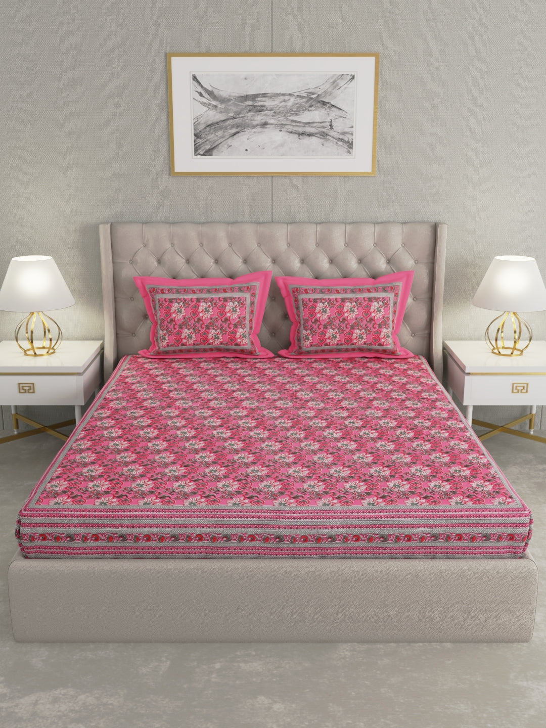 wm150 100% Cotton Hand Block Printed King Size Double Bedsheet with 2 Pillow Covers, 240 TC.