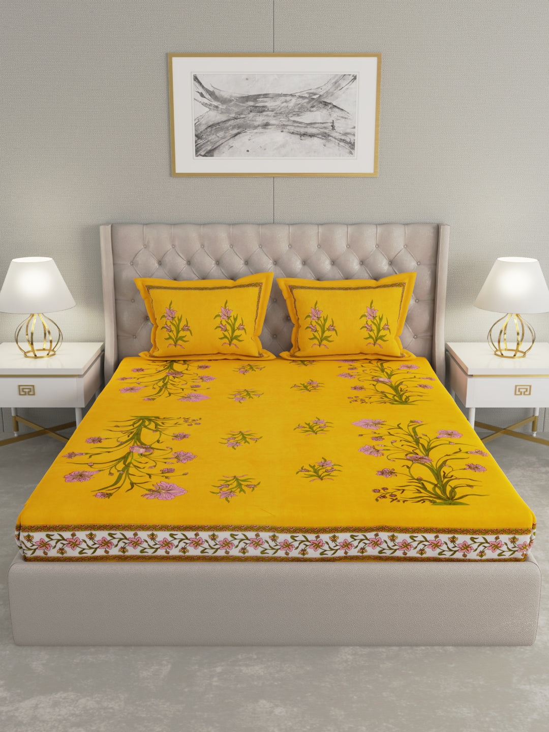 wm506 100% Pure Organic Cotton Fabric Hand Block Printed King Size Double Bedsheet with 2 Pillow Covers, 340 TC II