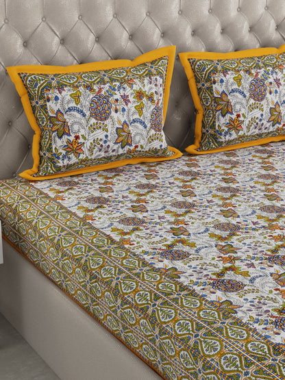 wm512 100% Pure Organic Cotton Fabric Hand Block Printed King Size Double Bedsheet with 2 Pillow Covers, 340 TC II