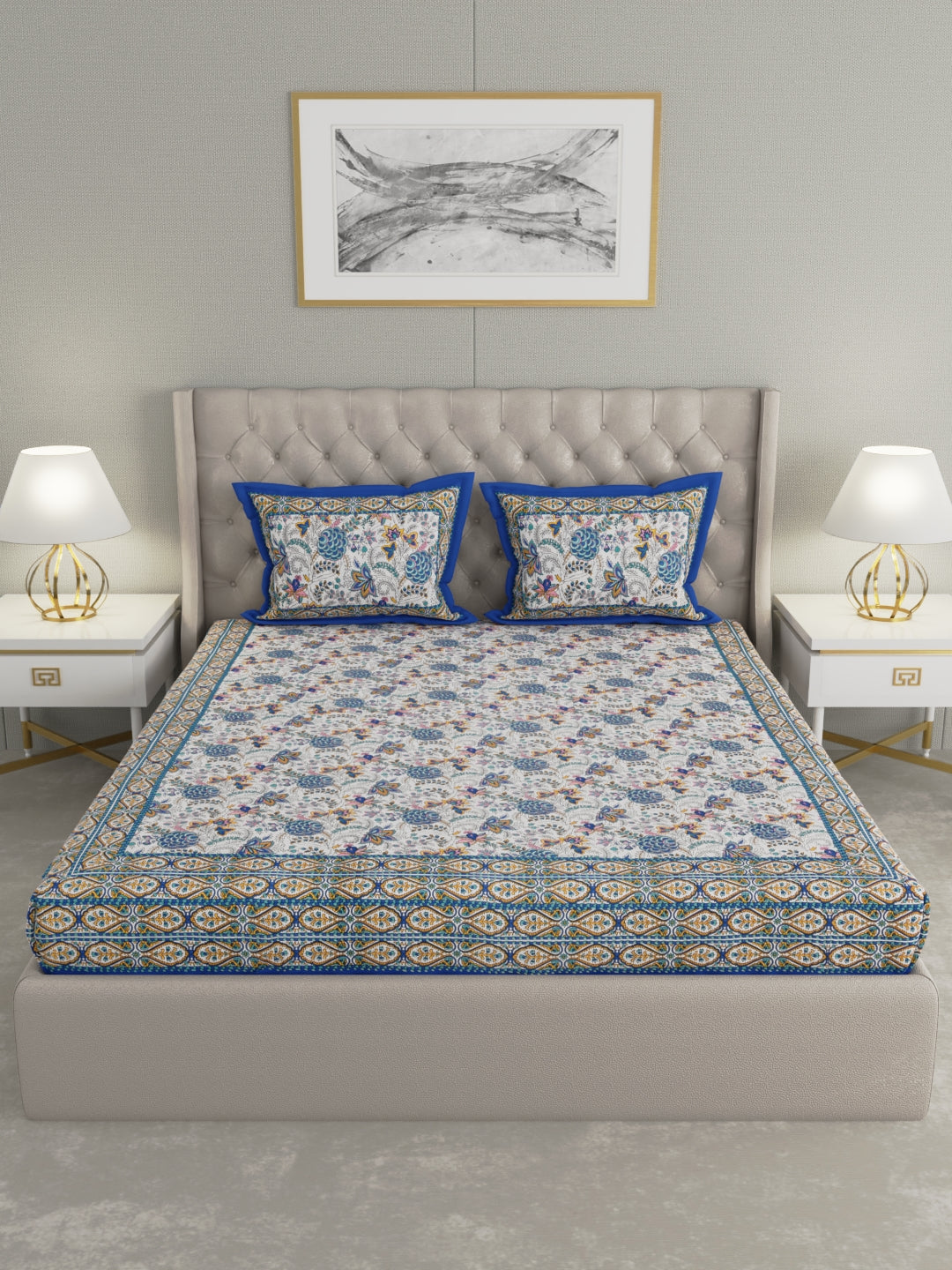 wm513 100% Pure Organic Cotton Fabric Hand Block Printed King Size Double Bedsheet with 2 Pillow Covers, 340 TC II