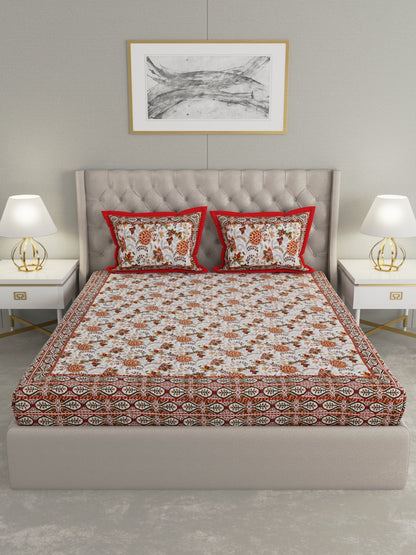 wm514 100% Pure Organic Cotton Fabric Hand Block Printed King Size Double Bedsheet with 2 Pillow Covers, 340 TC II