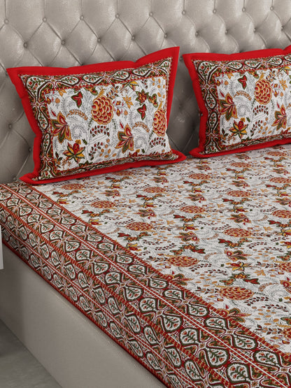 wm514 100% Pure Organic Cotton Fabric Hand Block Printed King Size Double Bedsheet with 2 Pillow Covers, 340 TC II