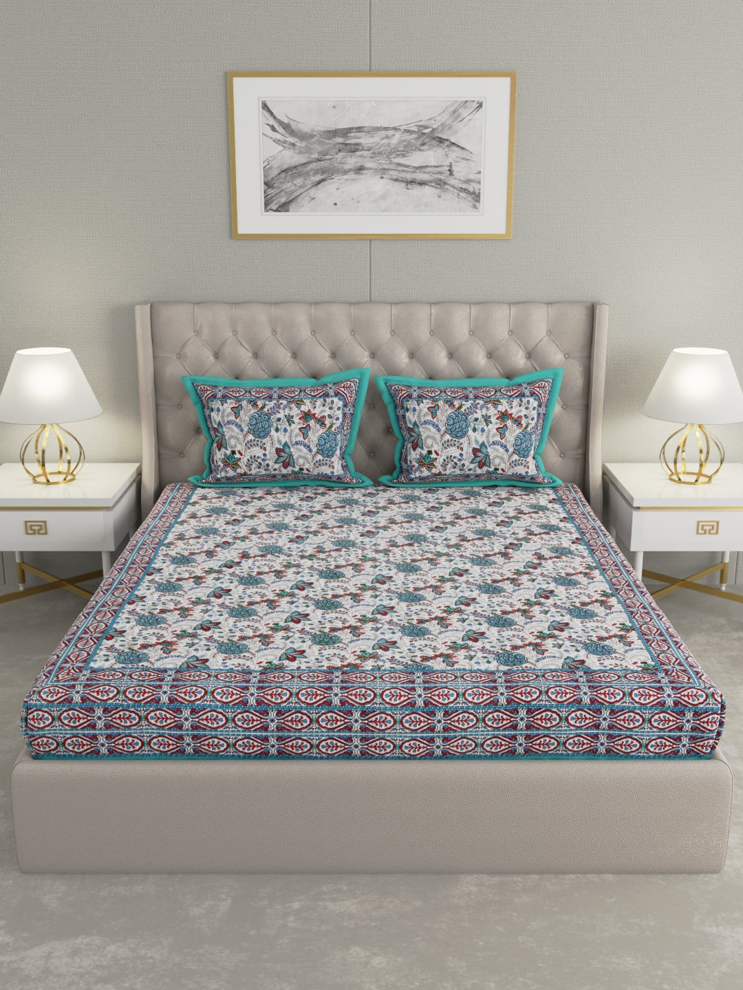 wm515 100% Pure Organic Cotton Fabric Hand Block Printed King Size Double Bedsheet with 2 Pillow Covers, 340 TC II