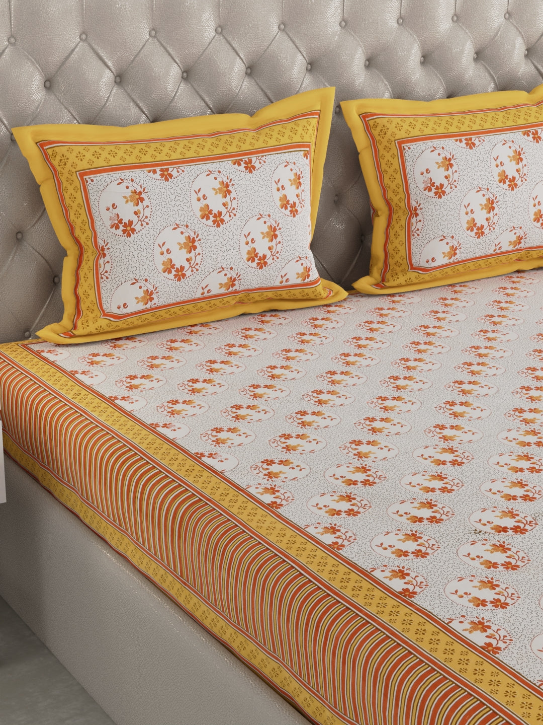 wm516 100% Pure Organic Cotton Fabric Hand Block Printed King Size Double Bedsheet with 2 Pillow Covers, 340 TC II