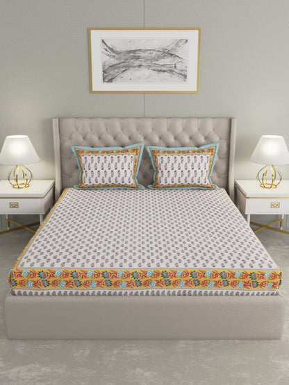 wm520 100% Pure Organic Cotton Fabric Hand Block Printed King Size Double Bedsheet with 2 Pillow Covers, 340 TC II