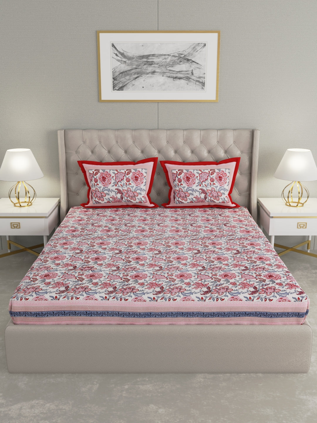 wm526 100% Pure Organic Cotton Fabric Hand Block Printed King Size Double Bedsheet with 2 Pillow Covers, 340 TC II